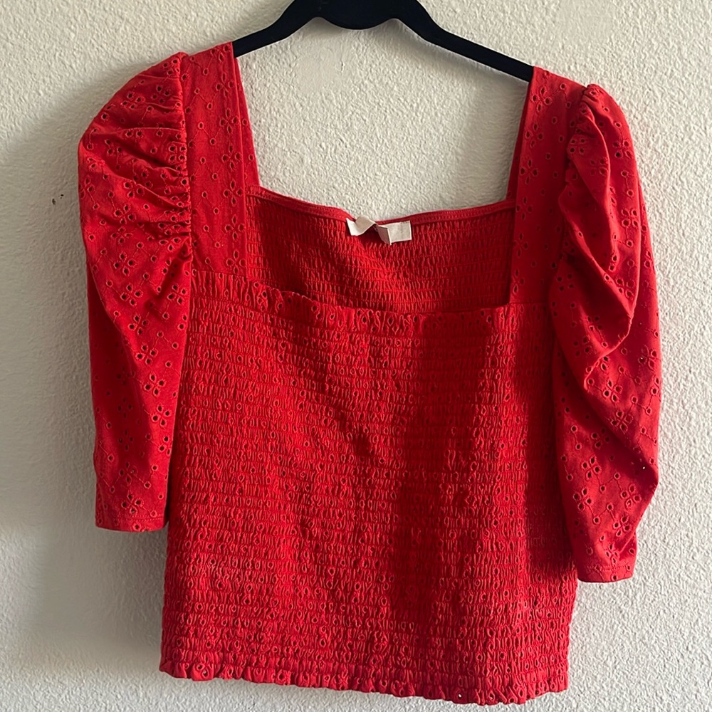 LOFT Red Eyelet Puff Sleeve Smocked Top